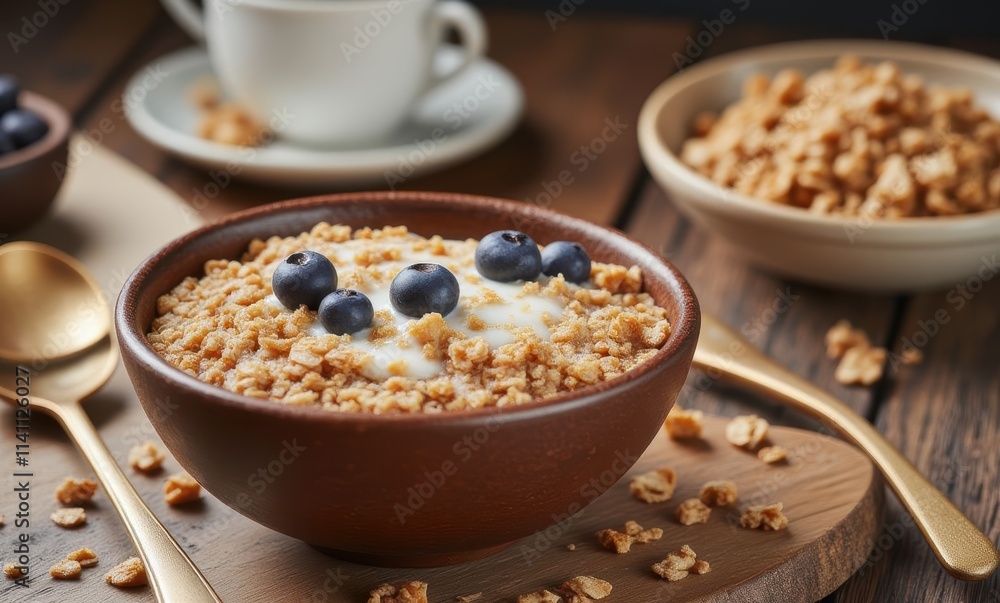 Delicious breakfast bowl with granola and blueberries Delicious breakfast bowl with granola and blueberries