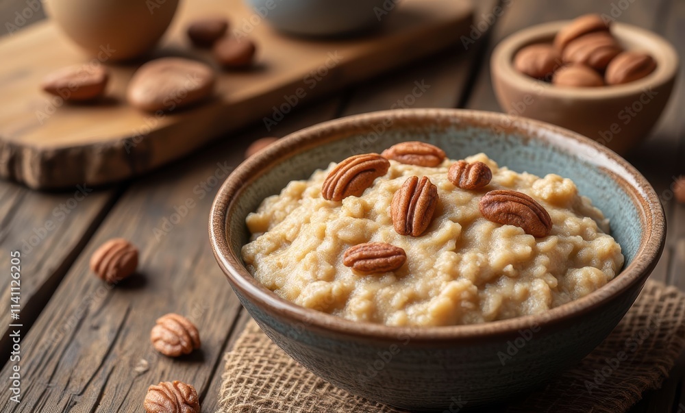 Delicious bowl of oatmeal with pecans Delicious bowl of oatmeal with pecans