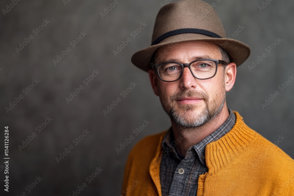 Stylish Man in Hat and Glasses with Warm Sweater Against Textured Background Stylish Man in Hat and Glasses with Warm Sweater Against Textured Background