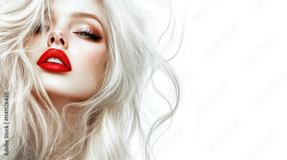 Obraz premium blond woman with red lips and long hair with perfect hairstyle
