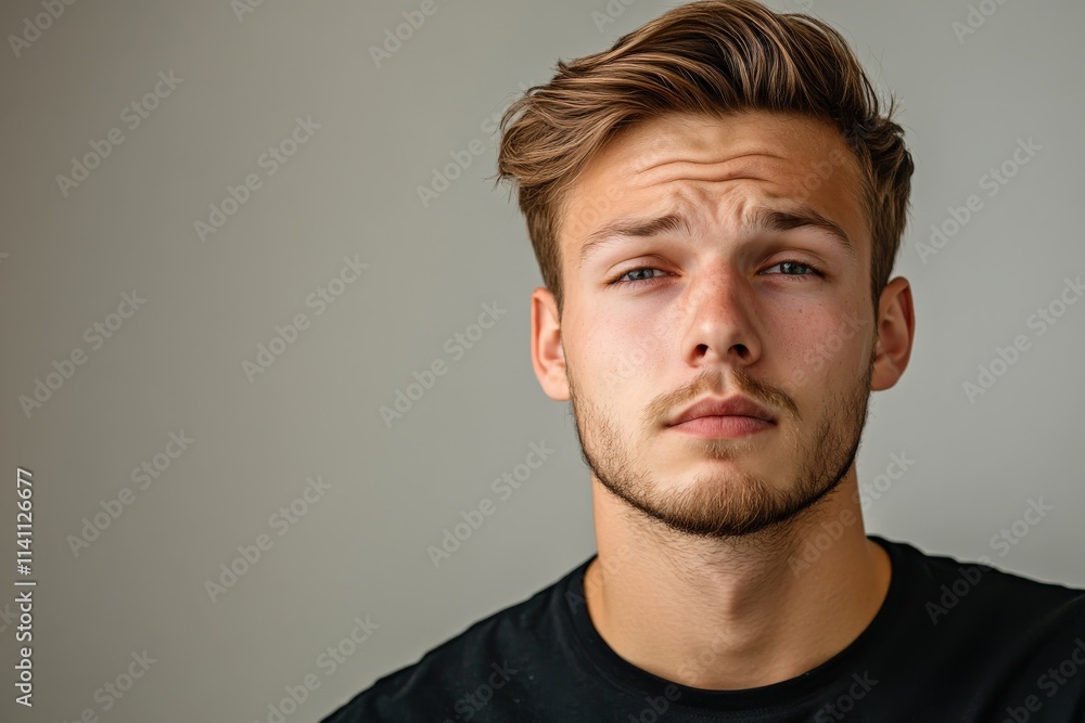 Portrait of a Young Man with Stylish Hair and Thoughtful Expression Against a Neutral Background Portrait of a Young Man with Stylish Hair and Thoughtful Expression Against a Neutral Background