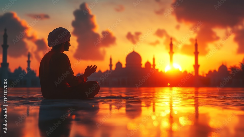 Silhouette praying at sunset near mosque. Silhouette praying at sunset near mosque.