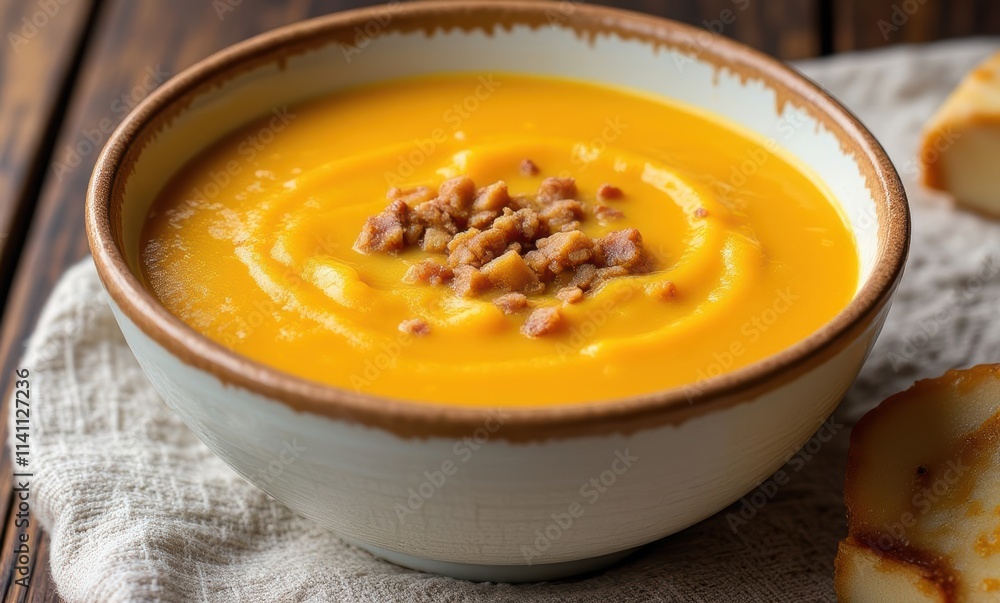 Creamy pumpkin soup with crunchy toppings Creamy pumpkin soup with crunchy toppings