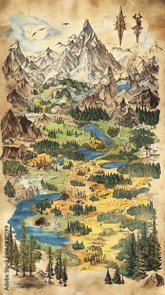 Naklejka premium A Drawn Landscape Featuring Mountains Forests and a River