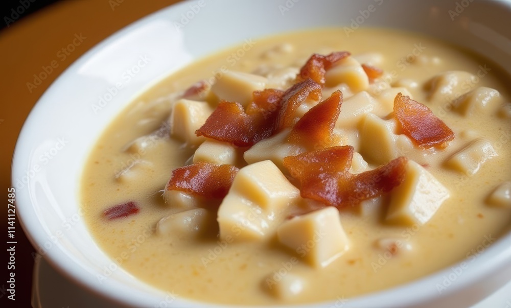 Creamy cheese and bacon soup in white bowl Creamy cheese and bacon soup in white bowl