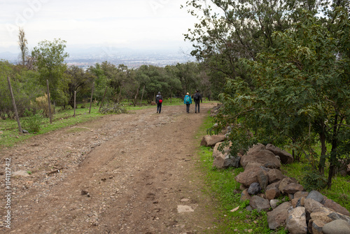 personas recorriendo un camino de tierra en medio de la vegetación, senderismo en parque Mahuida, Chile photo