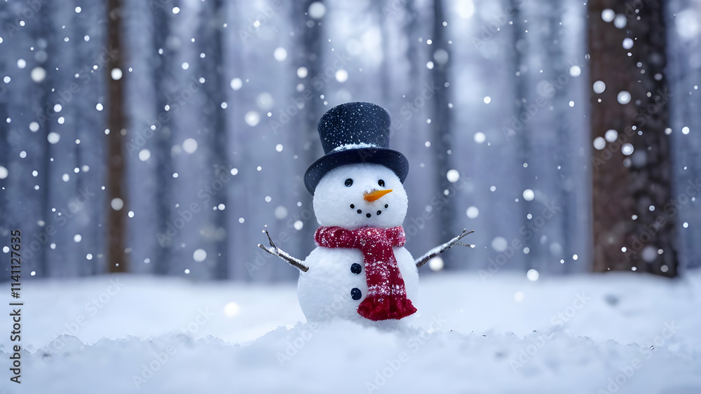 Obraz premium A festive snowman in a serene winter forest, with soft snowflakes drifting down and a blurred snowy backdrop.