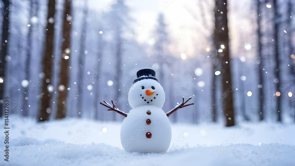 Playful snowman on fresh snow, set against a tranquil forest with softly falling snow and a dreamy winter atmosphere. Playful snowman on fresh snow, set against a tranquil forest with softly falling snow and a dreamy winter atmosphere.