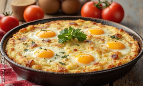 Delicious baked eggs in a rustic dish