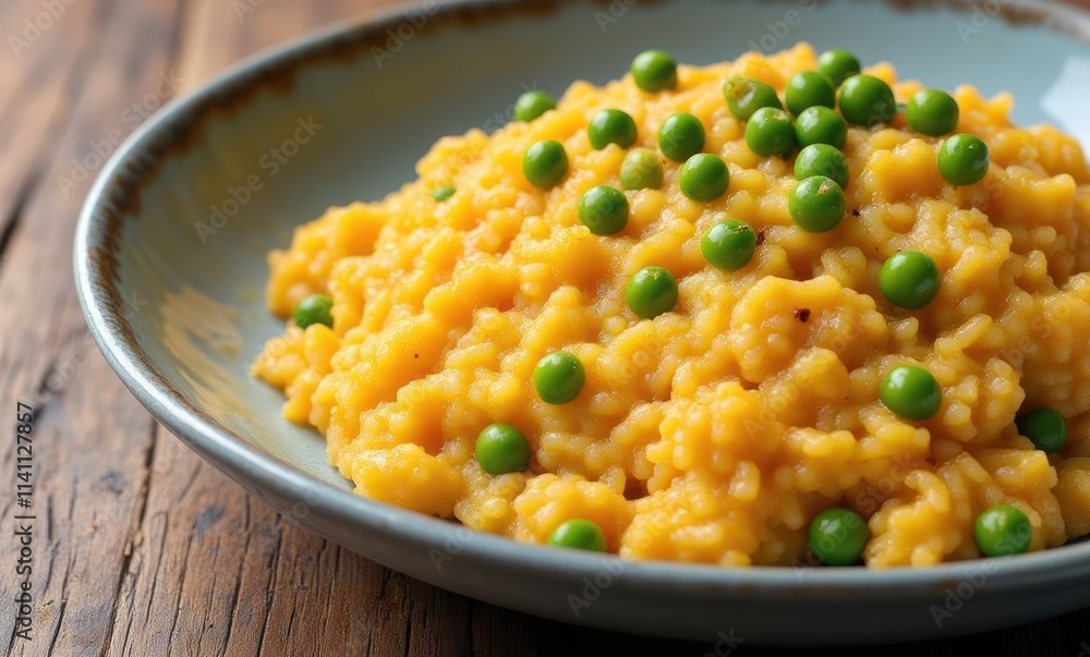 Vibrant yellow risotto with green peas Vibrant yellow risotto with green peas