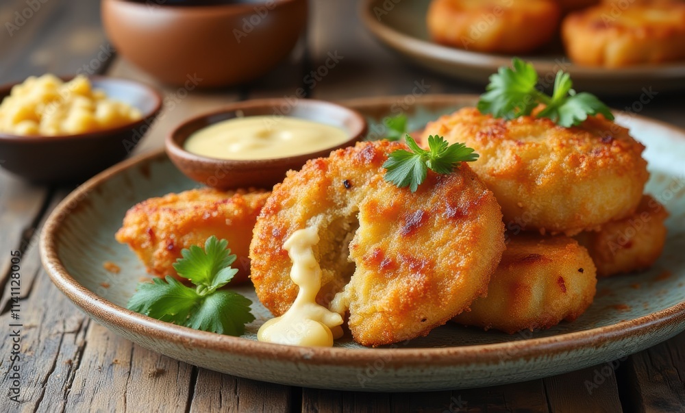 Golden brown fried snacks with creamy filling Golden brown fried snacks with creamy filling