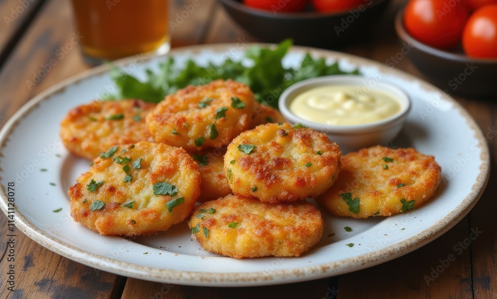 Delicious crispy potato cakes on a plate Delicious crispy potato cakes on a plate