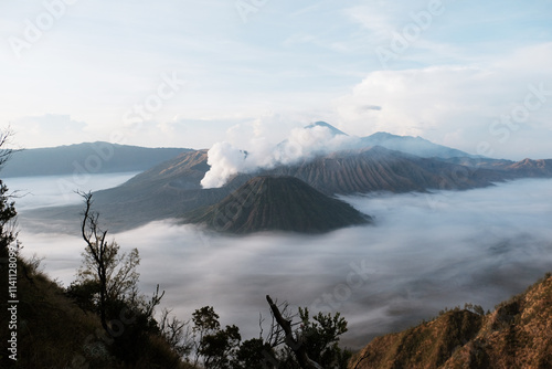 Landscape of Bromo. Mount Bromo is an active somma volcano a Hindu pilgrimage site and part of the Tengger mountains in East Java, Indonesia photo