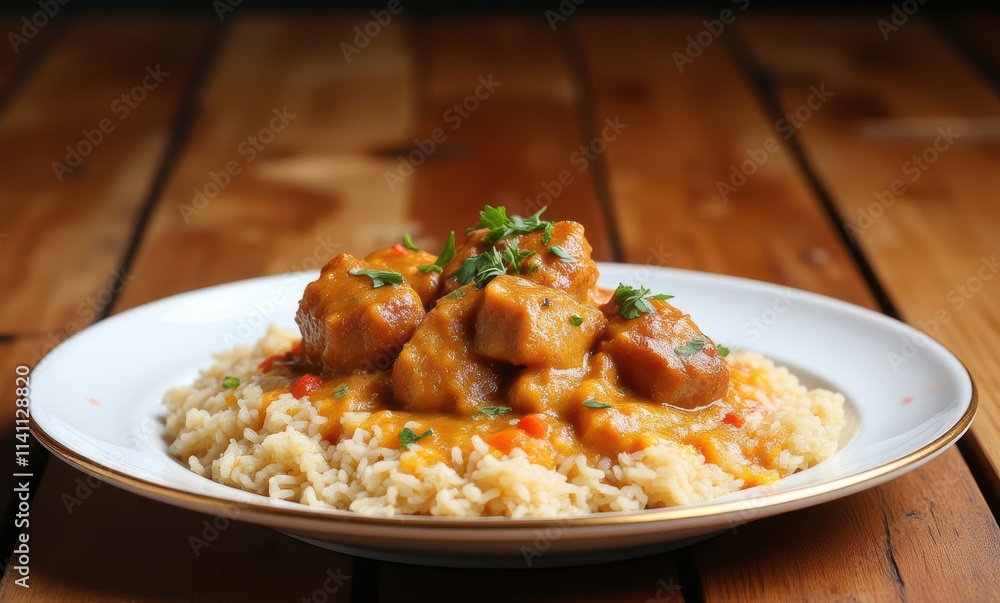 Delicious chicken stew served over rice Delicious chicken stew served over rice