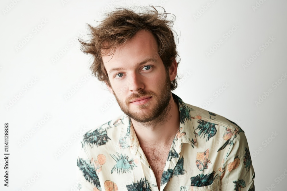 Casual Portrait of a Young Man with a Stylish Floral Shirt Against a Neutral Background Casual Portrait of a Young Man with a Stylish Floral Shirt Against a Neutral Background