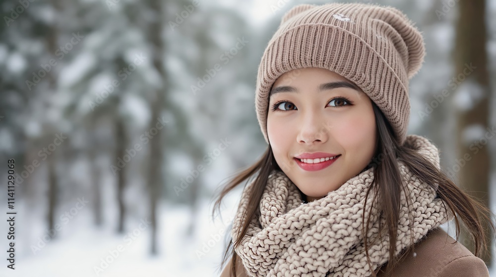 Asian Woman in Mocha Beanie in Snowy Scene Asian Woman in Mocha Beanie in Snowy Scene