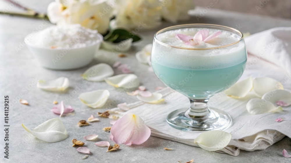 A serene image of a pastelcolored drink in a curved glass surrounded by soft white petals that gently fall onto the table. The drink radiates a calming gentle light A serene image of a pastelcolored drink in a curved glass surrounded by soft white petals that gently fall onto the table. The drink radiates a calming gentle light
