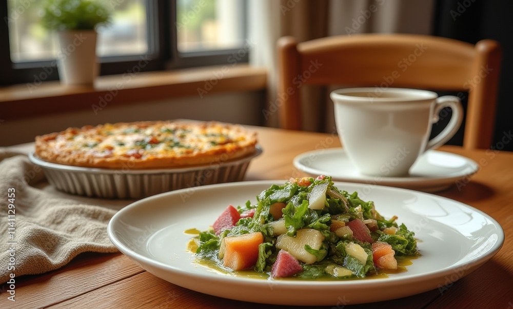 Delicious salad and savory pie lunch Delicious salad and savory pie lunch
