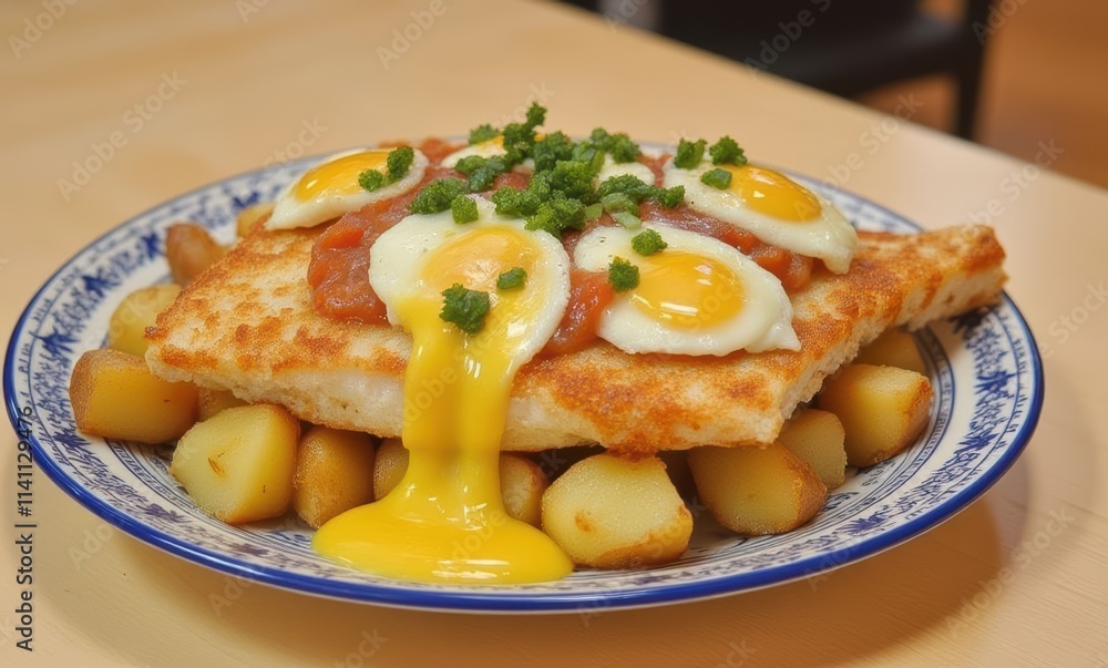 Delicious fried fish with poached eggs Delicious fried fish with poached eggs