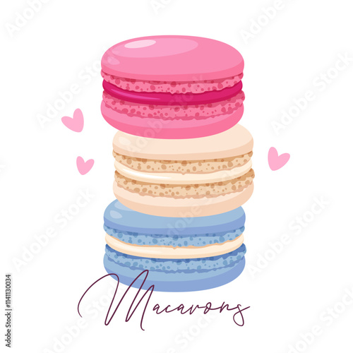 Stack of colorful French macarons for dessert menu with decorative hearts and lettering isolated on white background.
