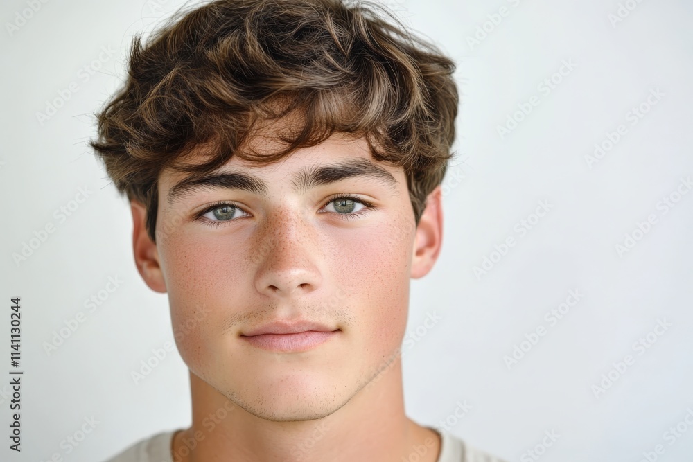 Portrait of a Young Man with Natural Curls and Expressive Eyes Against a Light Background Portrait of a Young Man with Natural Curls and Expressive Eyes Against a Light Background