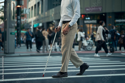 Man with white cane navigates urban crosswalk, wearing white shirt, beige trousers photo