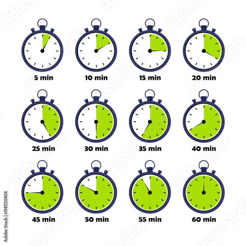 Vector timer clock stopwatch icons isolated on white background.
