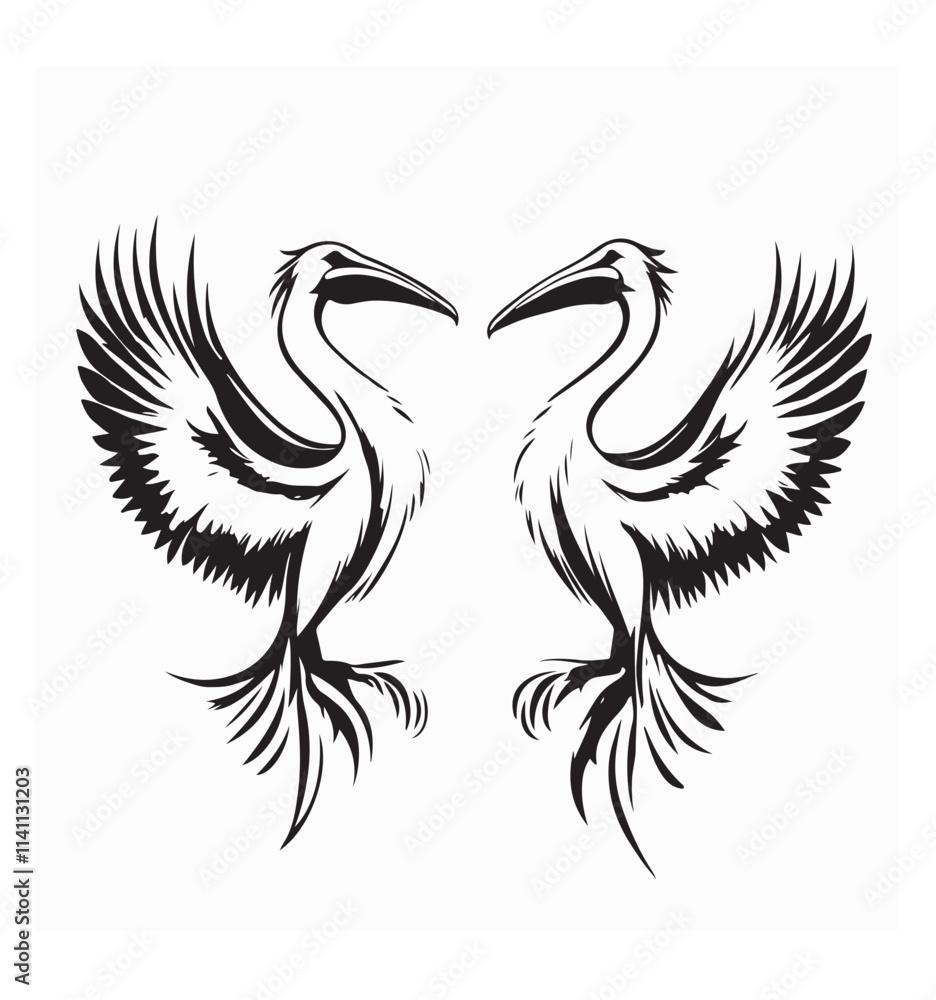 Fototapeta premium Pair of Pelicans Soaring Face to Face in an Elegant Logo Design Vector Illustration for Unique Artistic Branding