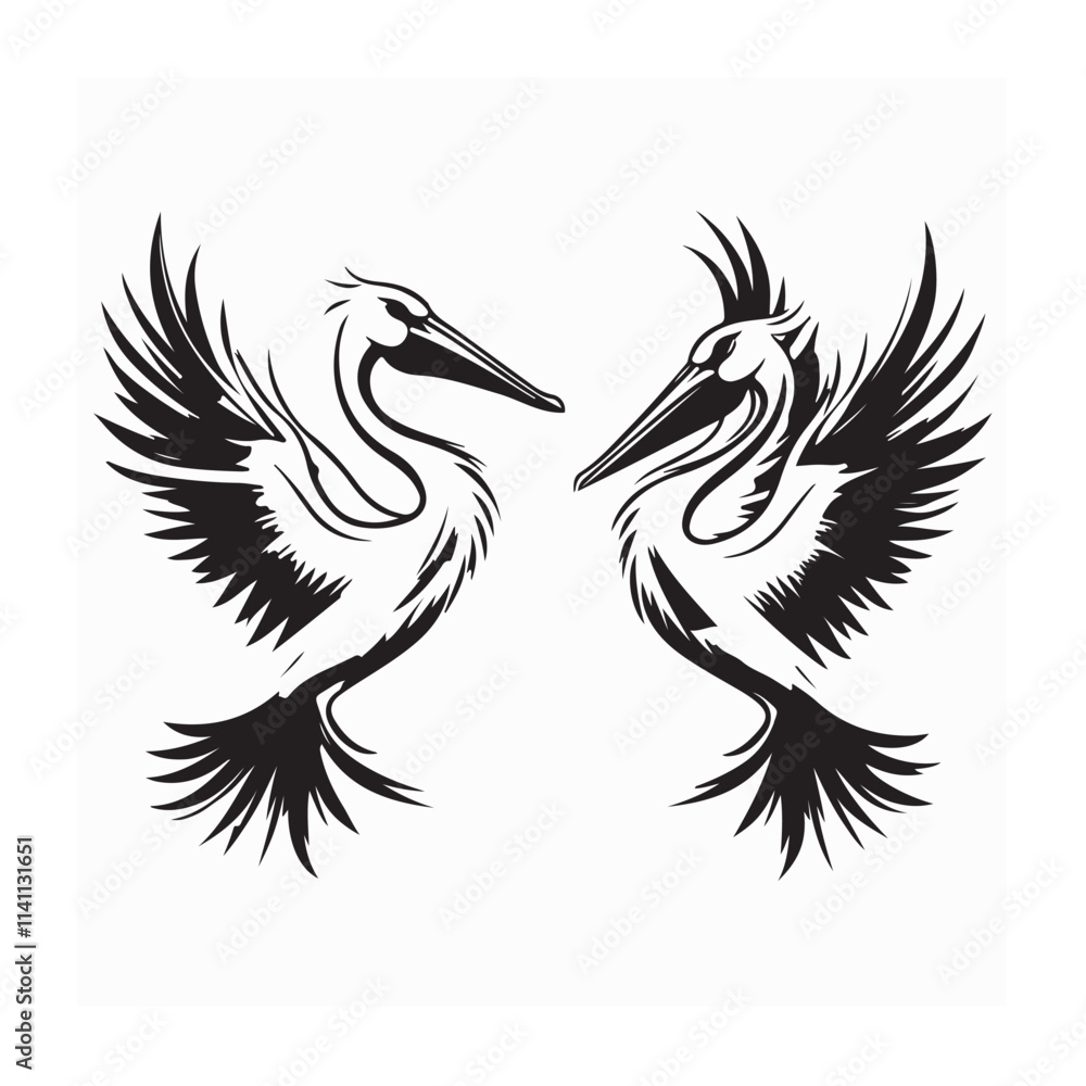 Fototapeta premium Two Graceful Pelicans Flying Toward Each Other in a Stunning Logo Design Vector Illustration for Creative Branding