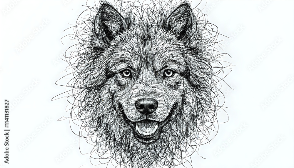 A black and white pencil sketch of a majestic dog face. White background A black and white pencil sketch of a majestic dog face. White background