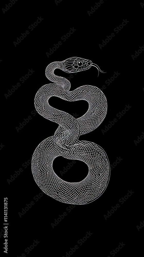 A whiteline snake coils on a black background A whiteline snake coils on a black background
