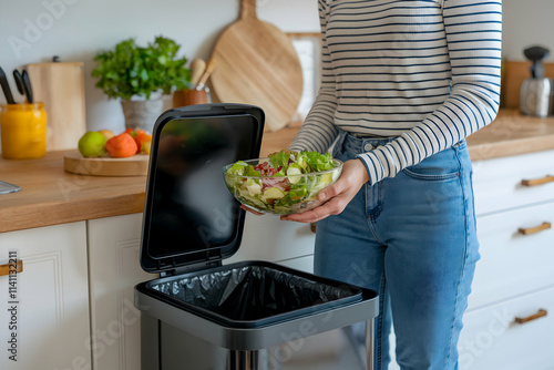 Kitchen scene, leftover salad discarded, modern cabinets blend waste management with design