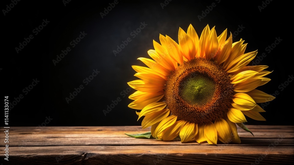Obraz premium Big and delicious sunflower on an old wooden table with a black background, sunflower, big, delicious, fresh, vibrant, bloom