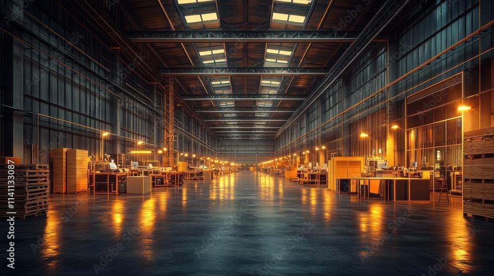 A spacious, modern office environment with warm lighting and wooden pallets for storage. A spacious, modern office environment with warm lighting and wooden pallets for storage.