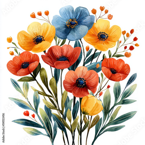 A Vibrant bouquet of colorful flowers with green leaves, perfect for decoration