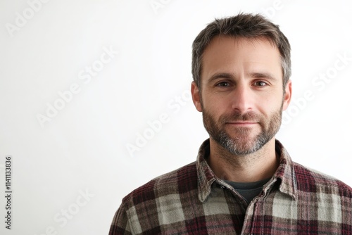 Confident Man with a Beard in a Plaid Shirt Against a Light Background