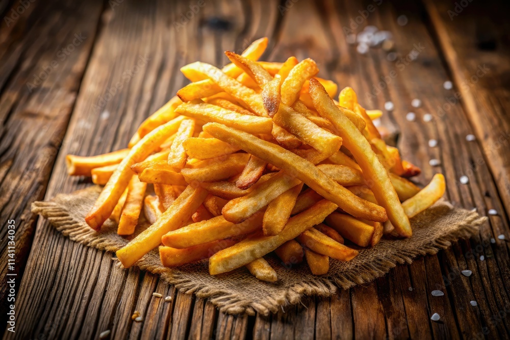 Crispy potato fries gleam golden on a weathered wooden surface. Rustic charm meets the perfect fry. Crispy potato fries gleam golden on a weathered wooden surface. Rustic charm meets the perfect fry.