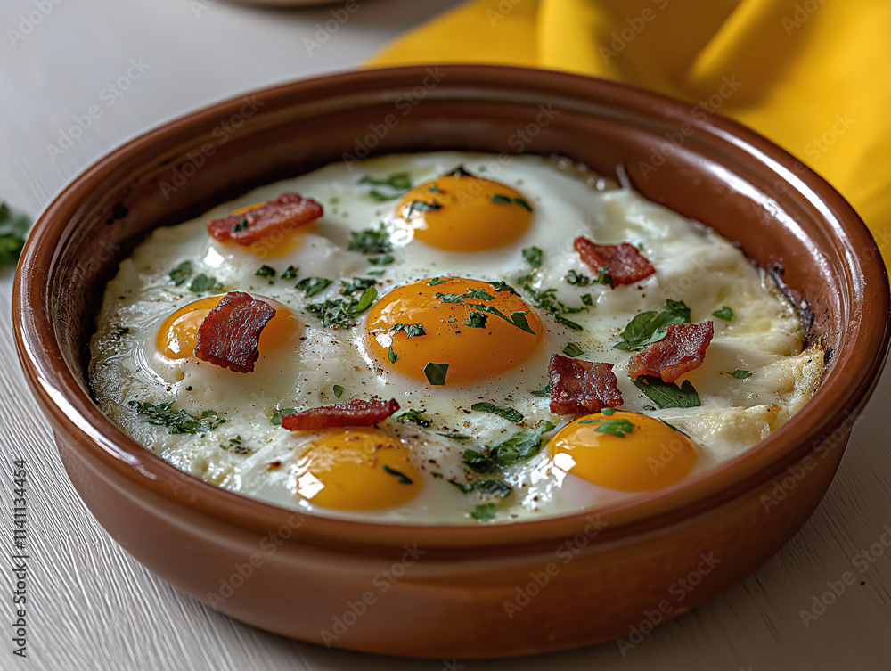 Delicious eggs and bacon with parsley in terracotta bowl enhancing breakfast experience Delicious eggs and bacon with parsley in terracotta bowl enhancing breakfast experience