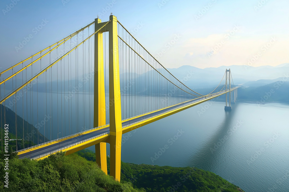 Naklejka premium Golden-yellow suspension bridge spanning a tranquil bay surrounded by green hills