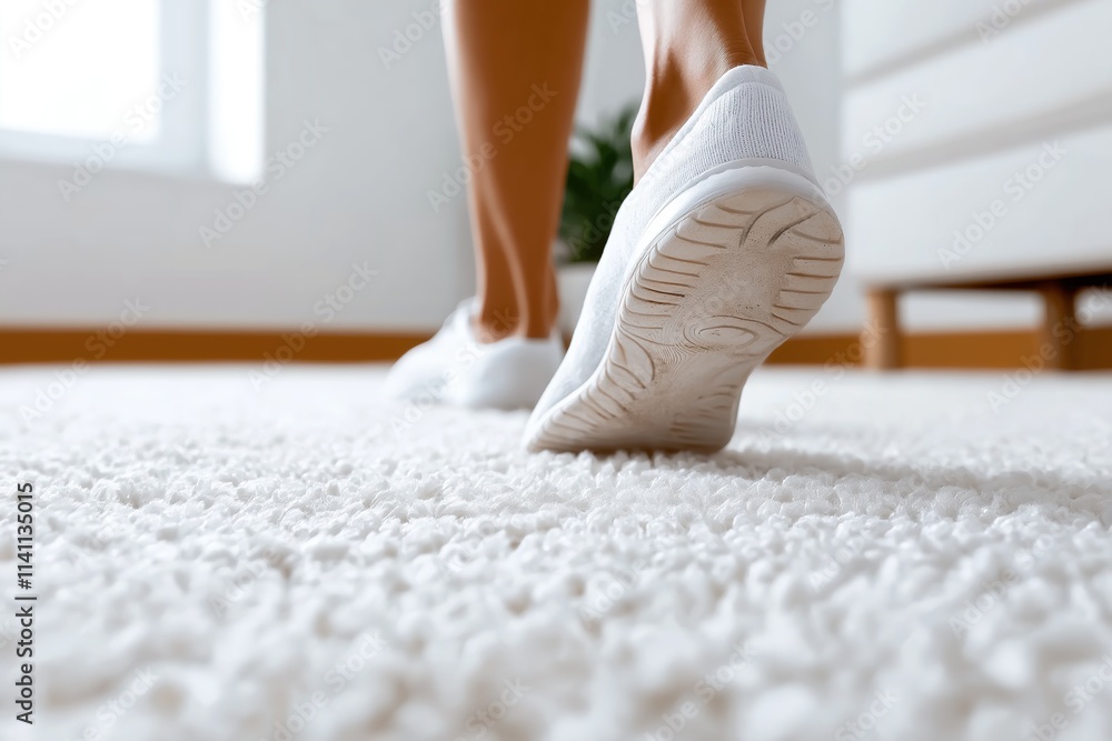 Fototapeta premium Woman walking on soft white carpet at home: comfortable and cozy feeling
