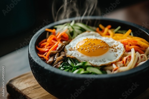 Vibrant bibimbap served in a traditional stone bowl with colorful ingredients photo