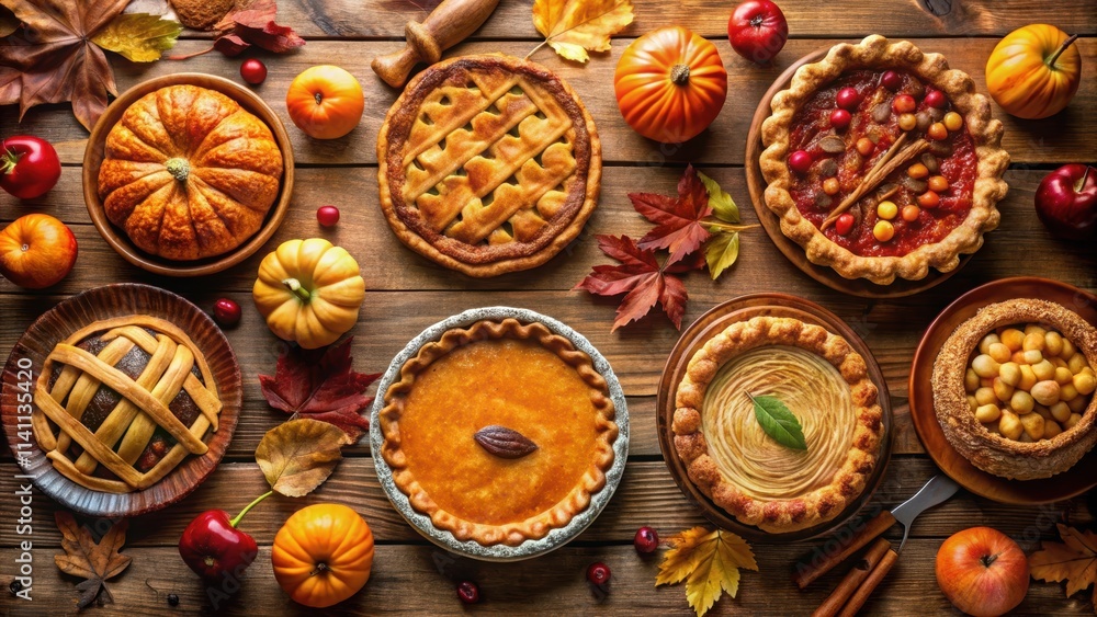 Autumnal feast table setting with a variety of delicious pies and seasonal decorations, Thanksgiving, fall, harvest Autumnal feast table setting with a variety of delicious pies and seasonal decorations, Thanksgiving, fall, harvest