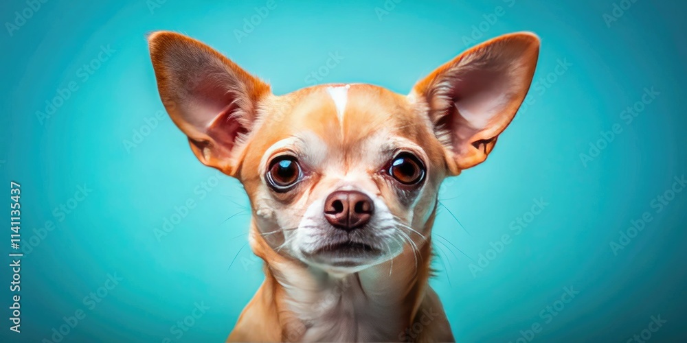 Cute, elderly chihuahua; a charming photographic portrait on a calming blue background. Cute, elderly chihuahua; a charming photographic portrait on a calming blue background.