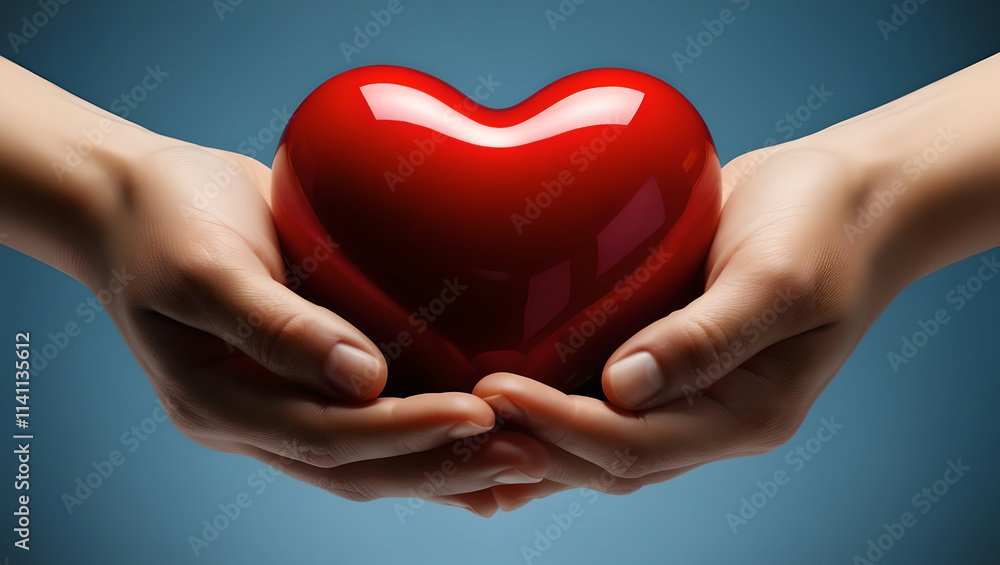 Obraz premium A pair of red hearts in hands symbolize health care, love, and a life full of hope.