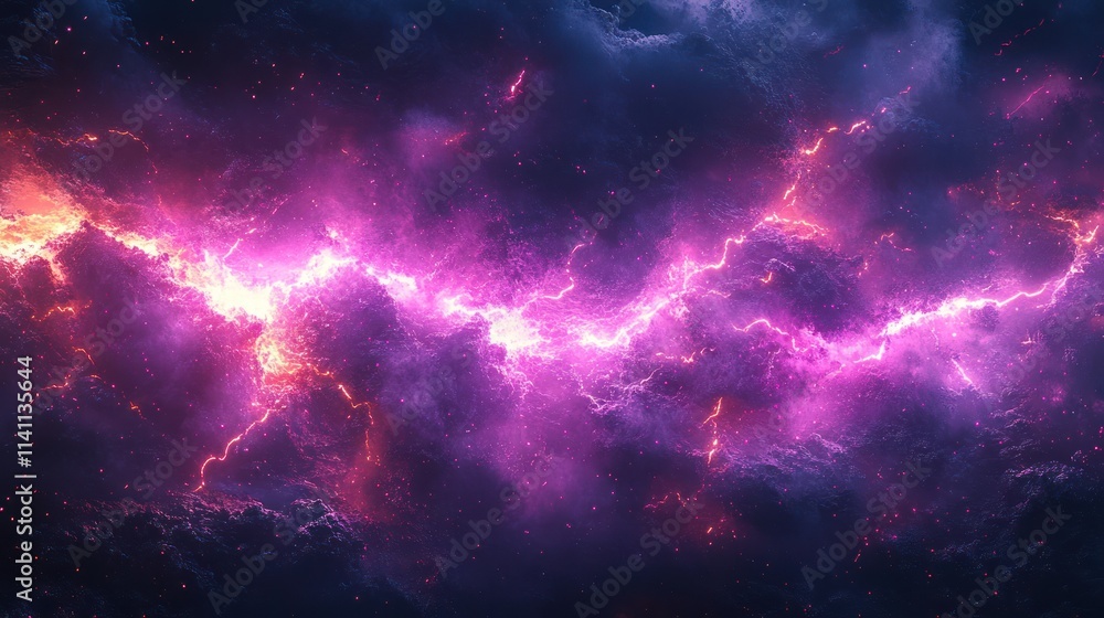 Fototapeta premium Abstract cosmic nebula with vibrant pink and orange lightning streaks across dark clouds.