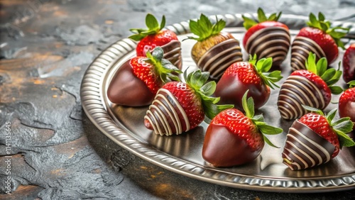 Chocolate-covered strawberries arranged beautifully on a shiny silver tray, chocolate, strawberries, gourmet, dessert, indulgence