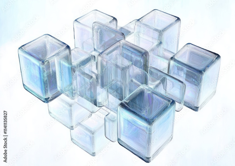 Futuristic Abstract Glass Cube Structure with Ethereal Lighting in a Dynamic Cascading Design Futuristic Abstract Glass Cube Structure with Ethereal Lighting in a Dynamic Cascading Design