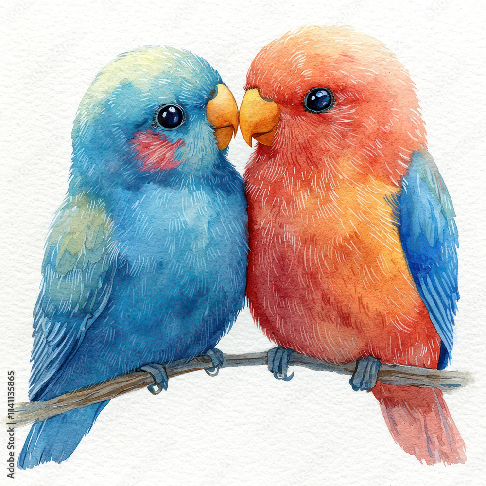 Obraz premium A Sweet watercolor painting of blue and orange bird couple expressing love