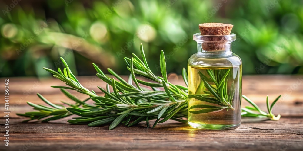 Bottle glass of essential Rosemary oil with fresh rosemary leaves, herbal oil concept , Rosemary, essential oil Bottle glass of essential Rosemary oil with fresh rosemary leaves, herbal oil concept , Rosemary, essential oil