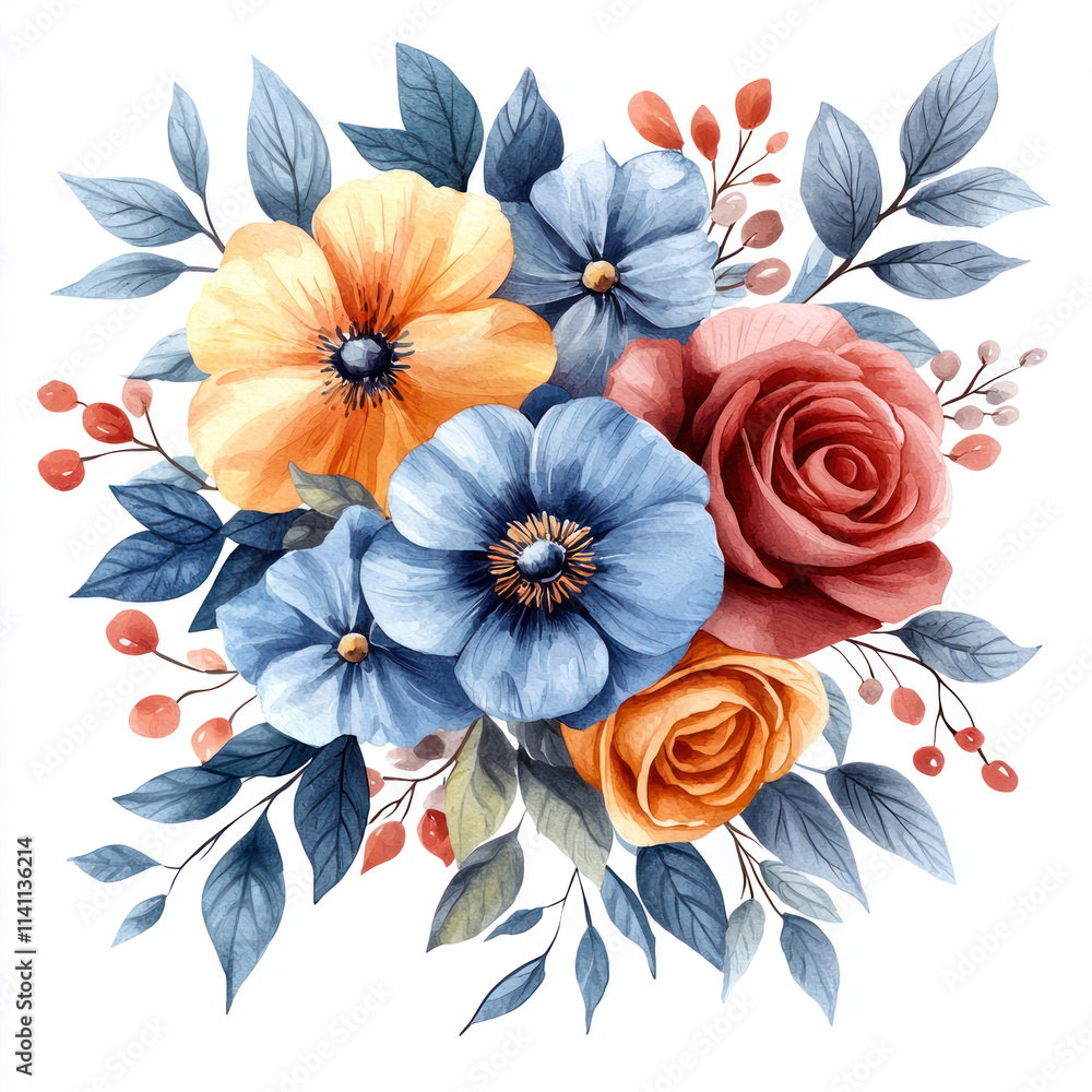 Fototapeta premium A vibrant mixed bouquet featuring blue, orange, and red flowers with green leaves, perfect for expressing love and joy